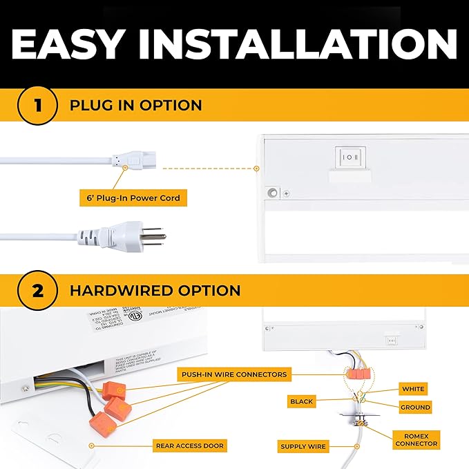 LED Under Cabinet Lighting Hardwired - 3CCT 40 Inch White Finish - Undercabinet Lights for Kitchen - Linkable Undercounter Dimmable Plug in Light or Hard Wired - Under Counter Fixture Direct Wire