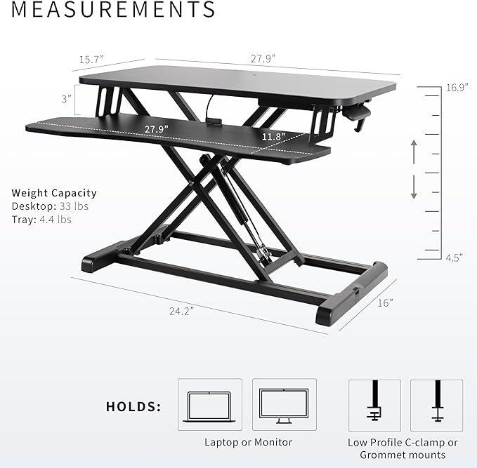 VIVO 28 inch Desk Converter, K Series, Height Adjustable Sit to Stand Riser, Dual Monitor and Laptop Workstation with Keyboard Tray, Black, DESK-V028KB