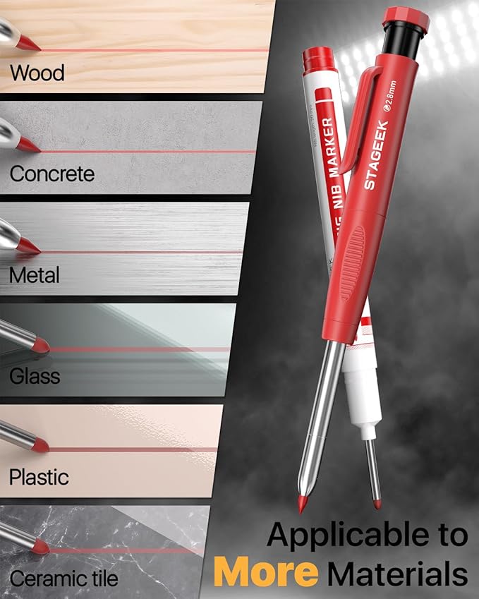 STAGEEK Carpenter Pencils Set with Sharpener, Heavy Duty Woodworking Tools with 13 Refills (Red, Black, Yellow), Construction Pencil and Deep Hole Long Nib Marker Pen for Architect Marking with Case