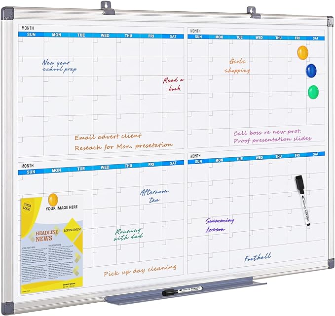 MAKELLO Large Magnetic Dry Erase Calendar Whiteboard Quarterly 36" x 24" for Home, Bedroom, Office, Classroom, 4 Months