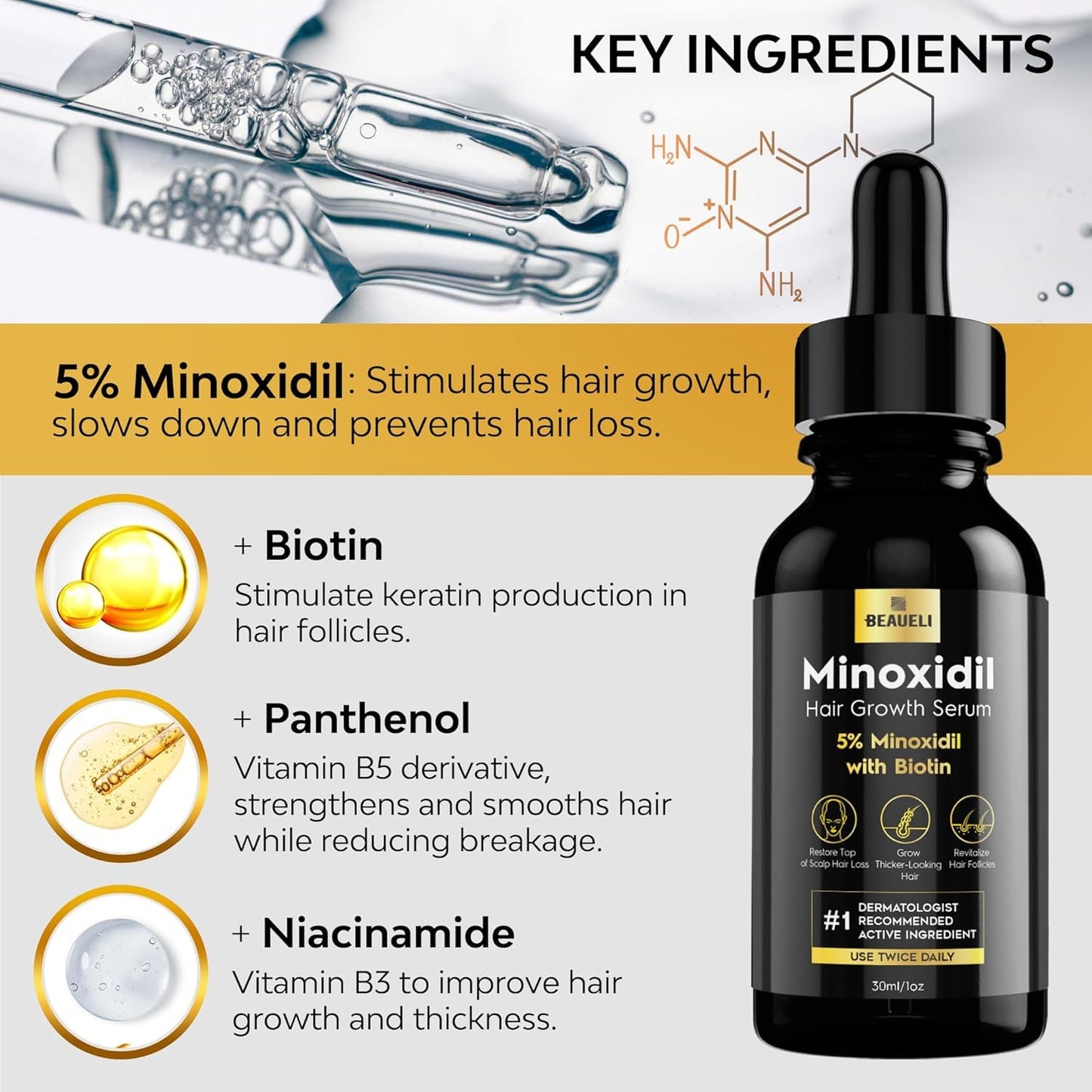 5% Minoxidil Hair Growth for Men and Women: Extra Strength Minoxidil Beard Regrowth Treatment Serum with Biotin for Thinning Hair Loss to Grow Thicker Fuller 30ml 6 Bottles