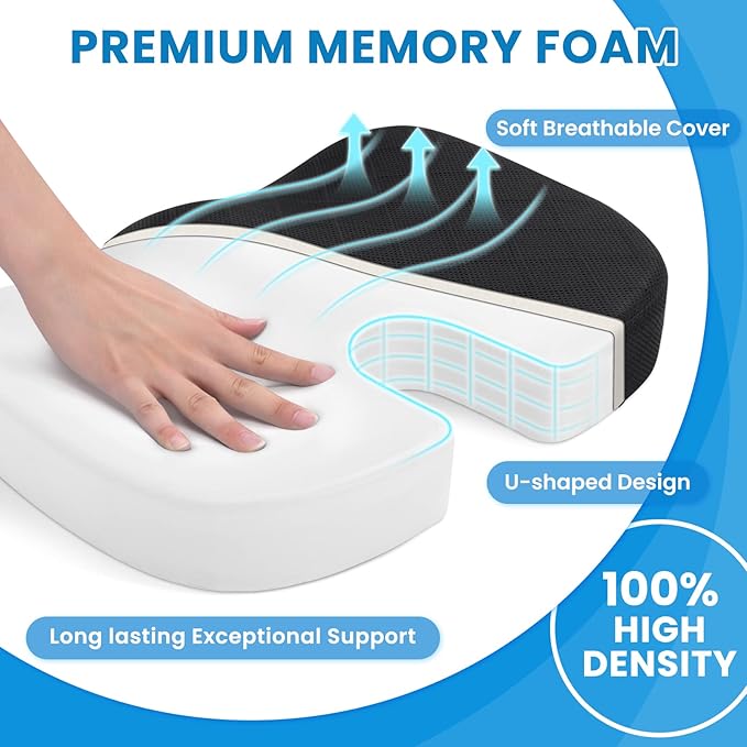 TushGuard Office/ Car Seat Cushion, Non-Slip Sciatica & Back Coccyx Tailbone Pain Relief Chair Pad, Memory Foam Butt Pillow for Computer Desk, Wheelchair, Driving (Black)