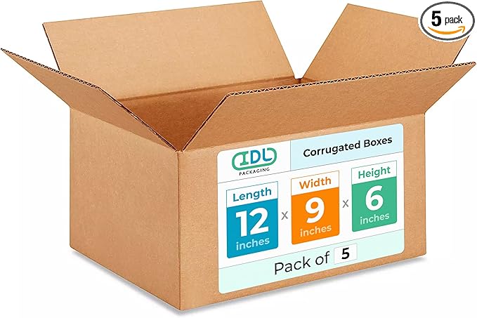 Medium Moving & Shipping Boxes 12 x 9 x 6 inches (5-Pack) - Extra Strength 200 lb vs Regular - Corrugated Medium Moving Box, Made in USA - Packaging Box by IDL Packaging