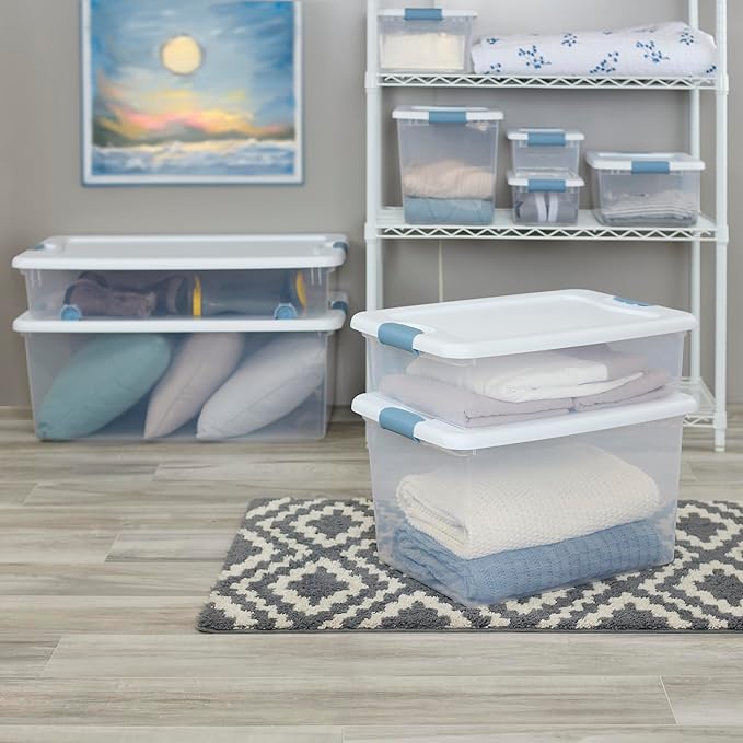 Sterilite 18-Pack Latching Box, Under Bed Storage Bins with Lids, Clear Plastic, 32 Quart - Heavy-Duty Organizing Containers for Closet, Bathroom, and Office