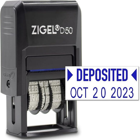 ZIGEL D50 Date Stamp with DEPOSITED - Self Inking Date Stamp - Blue