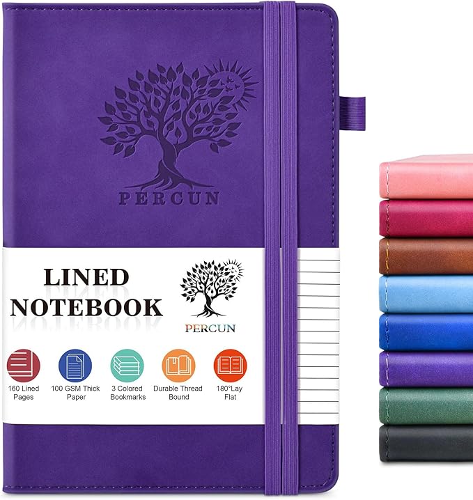 PERCUN Lined Journal Notebook for Men & Women, 160 Pages College Ruled Journal for Writing, A5 Hardcover Leather Notebooks for Work, School, Business, Travel, Daily Diary 5.9" x 8.5" (Purple)
