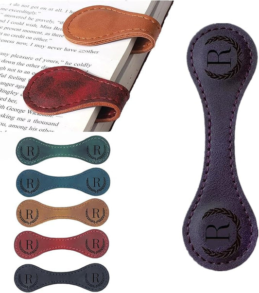 Personalized Magnetic Leather Bookmark, 26 Letters Custom Leather Bookmarks, Handmade, Leather Magnetic Bookmark for Book Lovers Readers Women Kid(Purple，R）