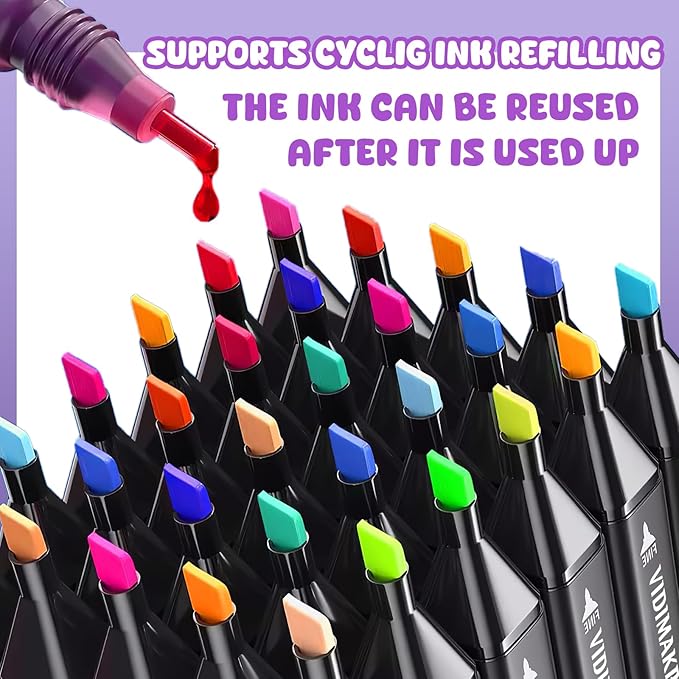 VIDIMAKPRO Alcohol Markers 80 Colors with Base Dual Tip Art Drawing Markers for Kids Students and Adults Comics Sketching Illustration - Refillable