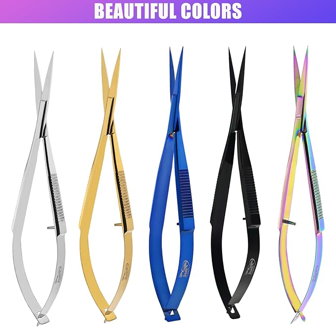 Cross Edge Spring Scissors 5 Inch straight Stainless Steel Precision Eyebrow & Eyelash Shaping & Trimming Scissor, Snips Squeeze, Embroidery, Knitting Micro Tip Craft Scissors (Rainbow)