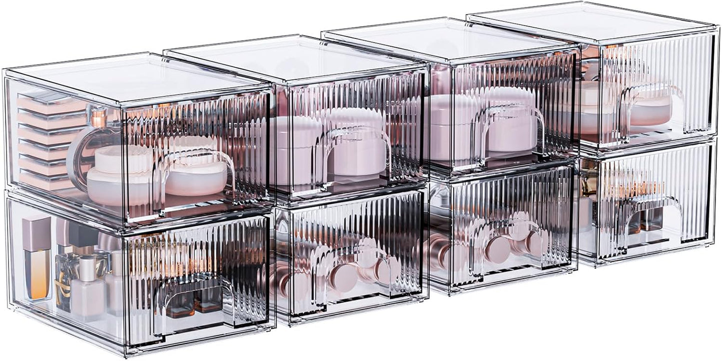 ZJIAI 8 Pack Clear Stackable Storage Drawer, Acrylic Drawer, Cosmetic Organizer, Plastic Organizer for Dresser, Under, Kitchen Cabinet, Pantry, Home Organization and Storage