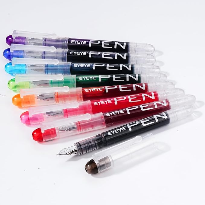EYEYE Disposable Fountain Pens, 8 Pack Multicolor Fine Point Fountain Pens for Writing, Stainless Steel Nib, Smooth Writing for Journaling, Drafting, Sketching, Doodling & Gifts