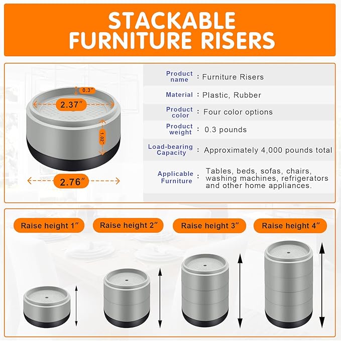 Furniture Risers Bed Risers Heavy Duty 1 inch, 2 inch, 3 inch, 4 inch Round Adjustable Bed Lifts Riser for Desk Legs Table Couch Sofa Chair Refrigerator Washing Machine (1 Inch, Gray, 4 Pack )