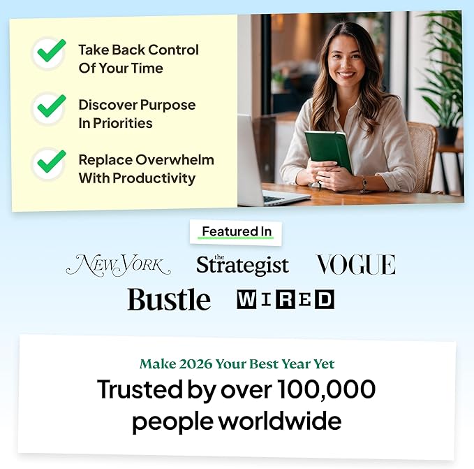 Purpose Planner Notebook B5 Hardcover 7.5”x9.8”- Teal Undated Daily, Weekly, and Monthly 2026 - Productivity & Goal Setting Tool for Work, Home, and Self-Care - ADHD & Journal for Adults