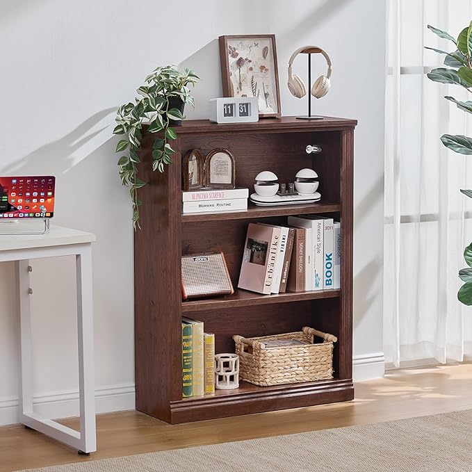 RWYHG 43" Walnut Tall Bookshelf Set of 2,3-Tier Thick Wooden Book Shelf with Adjustable Shelves,Free Standing Farmhouse Bookcase with Open Display Storage,Floor Vintage Bookshelves for Living Room