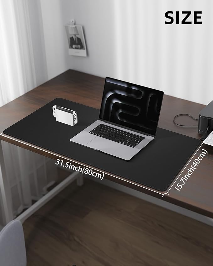 Leather Desk Pad Protector, Mouse Pad, Office Desk Mat, Non-Slip PU Leather Desk Blotter, Laptop Desk Pad, Waterproof Desk Writing Pad for Office and Home (Black, 31.5" x 15.7")