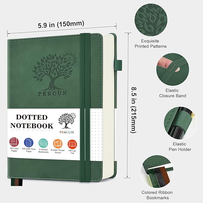 PERCUN Dotted Journal Notebook for Men & Women, 160 Pages Dot Grid notebook for Note Taking, Bullet Journaling Notebook for Work, School, Travel, Writing, A5 Hardcover 5.9" x 8.5" (Green)