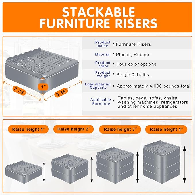 shouwuhho Furniture Risers, 4 Pack Bed Risers with Non-Slip Grip and Heavy Duty Support, 1 Inch 2 Inch 3 Inch 4 Inch Height Lift for Couch, Sofa, Table, Desk, Chair, Refrigerator - Gray, 1+1 Inch