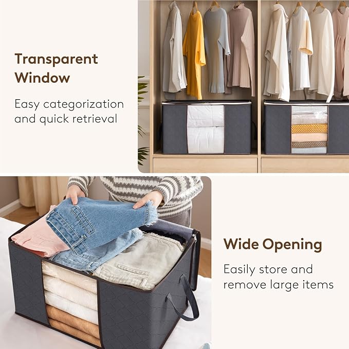 Lifewit Large Capacity Clothes Storage Bag Organizer with Reinforced Handle Thick Fabric for Comforters, Blankets, Bedding, Foldable with Sturdy Zipper, Clear Window, 18 Pack, 90L, Grey