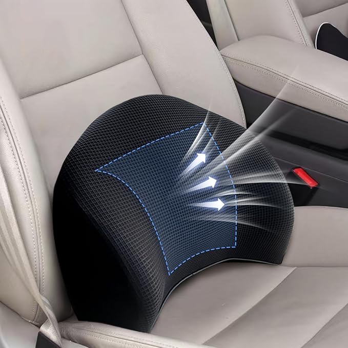 Lumbar Support Pillow for Car, 100% Memory Foam Lumbar Pillow with Breathable Removable Cover, Ergonomic Design - Back Pillow Lumbar Support Pillow for Car Seat/Back Pain Relief(Ice Silk Black, 1PC)