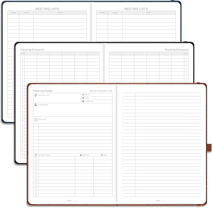 EMSHOI Meeting Notebook for Work with Action Items - 240 Pages A4 Large Project Planner Agenda Organizer Work Notebook for Women Men Office Business, PU Leather Hardcover, 8.5" x 11", Gray Blue