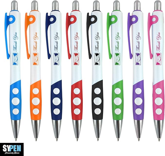 SyPen Personalized Ballpoint Pens With Custom Logo/Text-350 Pack Bulk-for Businesses, Parties, & Events, Custom Printed, White Barrel with Matching Colored Clip and Grip, Click Pens, Black Ink, Blue