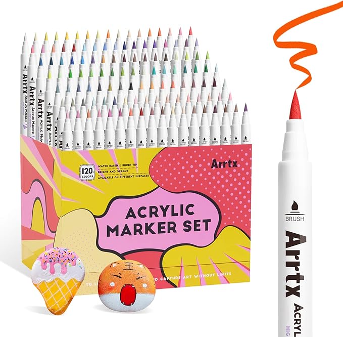 Arrtx 120 Colors Markers Paint Pens, Acrylic Paint Pens for Artists Adults Coloring Drawing Cartoon Anime Comic - Brush Tip for Rock Painting, Wood, Canvas, DIY Crafts Making Art Supplies