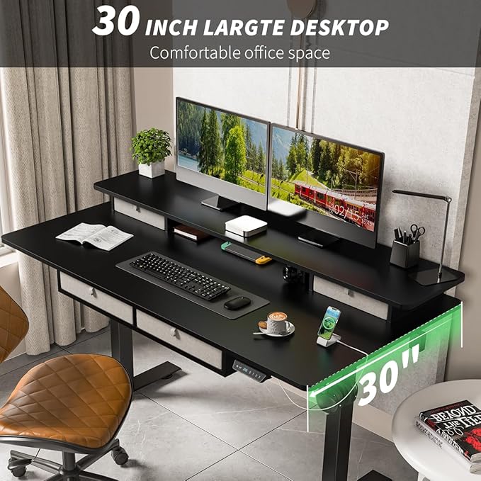 Kingant 63 x 30 Inch Electric Standing Desk with 4 Drawers, Adjustable Height Computer Desk for Home Office, Large Workstation Sit Stand Up Desk with Built-in USB A/C Charging Ports, Black