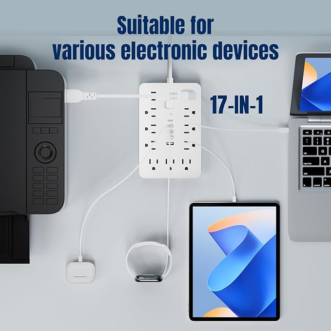 JouleLoom 6 FT Flat Plug Surge Protector Power Strip,11 Multiple AC Outlets with 6 USB Ports (2 USB C), 6 Feet Extension Cord, 1250W/10A, One Touch Switch Button, 17 in 1 Compact powerstrip-White