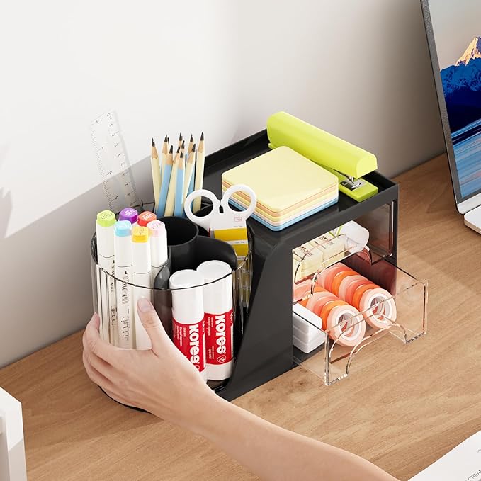 Marbrasse Desk Organizer with 2 Drawer, 360°Rotating Pen Holder, Desk Organizers and Accessories with 6 Slots Pencil Holder + 2 Drawer, Art Supply Storage Box Caddy for Office (Black)