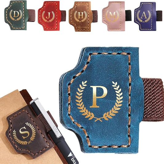 Personalized Mark Bookmark with Pen Holder, Leather Magnetic Book Marker 26 Letters,Custom Initials Page Marks, Gifts for Book Lovers Readers Men Women (Blue, P)