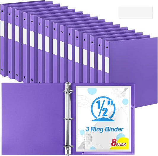 Henoyso 8 Pcs 3 Ring Binder 0.5 Inch Round Fits Letter Size 8.5'' x 11'' Paper Plastic Flexible Binder Bulk Holds 140 Sheets with 1 Pockets Versatile Organizer for Home Office School (Purple)