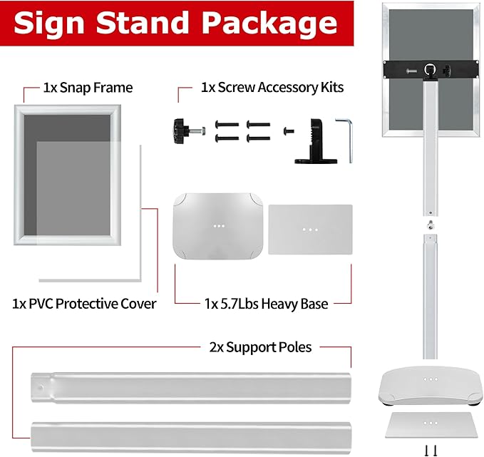 VAIIGO Heavy Duty Standing Sign Holder 8.5x11 Inch - Pedestal Floor Sign Stand with Weighted Base - Vertical & Horizontal View Poster/Menu Holder for Indoor/Outdoor Business Store Advertising, Silver