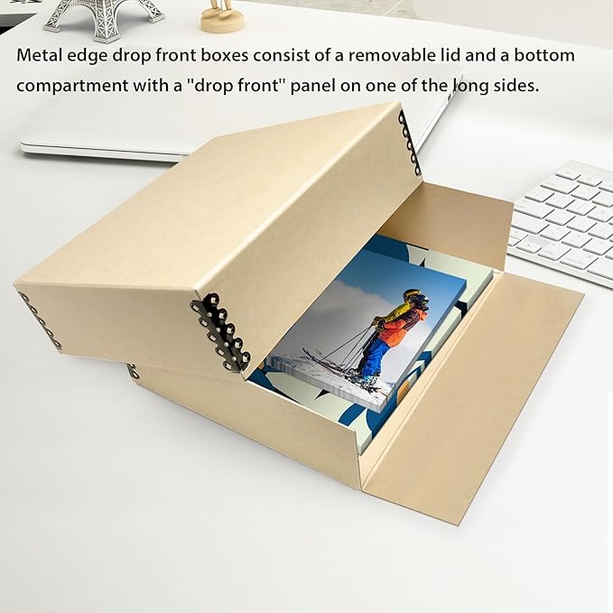 Lineco, 9x12 Tan Color Museum Archival Storage Box, Drop Front Design. Acid-Free with Metal Edge. Preserves Picture Longevity, organize Photos, Documents, Crafts, Diy, Pack of 2