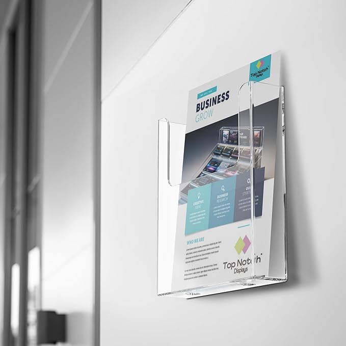 Top Notch Displays Acrylic Brochure Holder for Wall Mounting, Clear Display for 8.5" x 11" Flyers, Literature Holder for Magazines, Pamphlets, Menus, Includes Screws & Plastic Anchors – Pack of 2