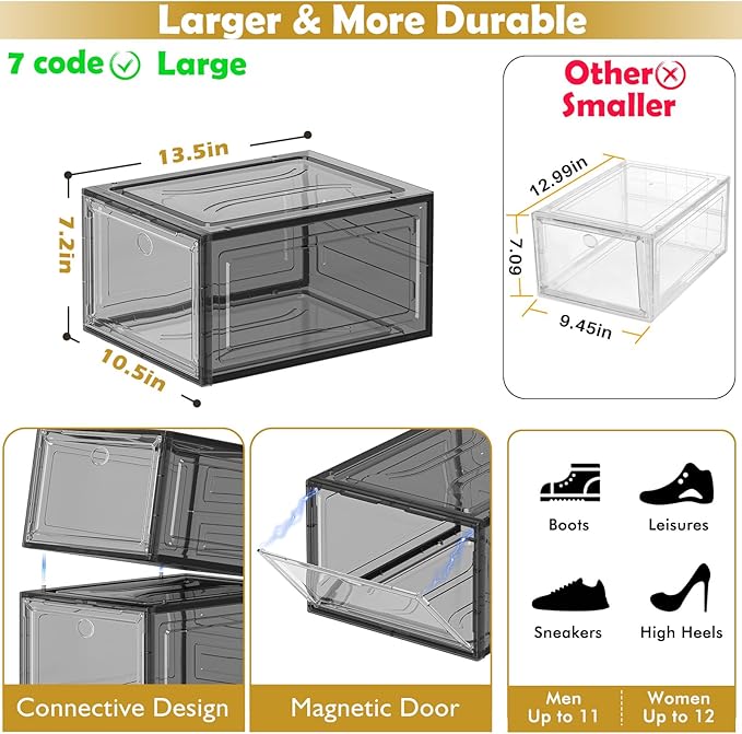 7 code Thicken & Sturdy Clear Shoe Storage Organizer with Magnetic Door, Stackable Boxes for Closet, Foldable Shoe Rack for Sneaker Boot Container, Plastic Shoe Cabinet Shoe Box 6 Pack, Black