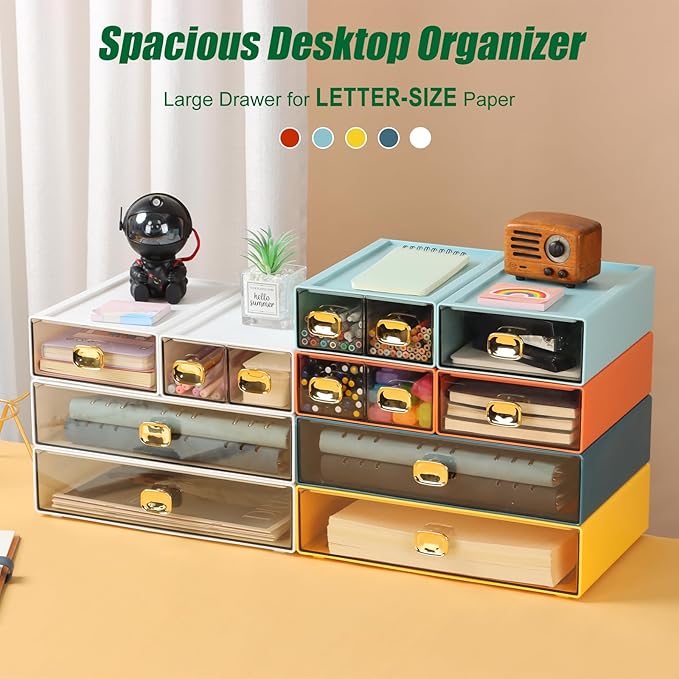 OSteed Spacious Desktop Storage Box, 1 Large Storage Drawer, Stackable Office Desk Drawer Organizer and Accessories, Printer Paper Organizer, Blue Plastic Drawers for Workspace & Home