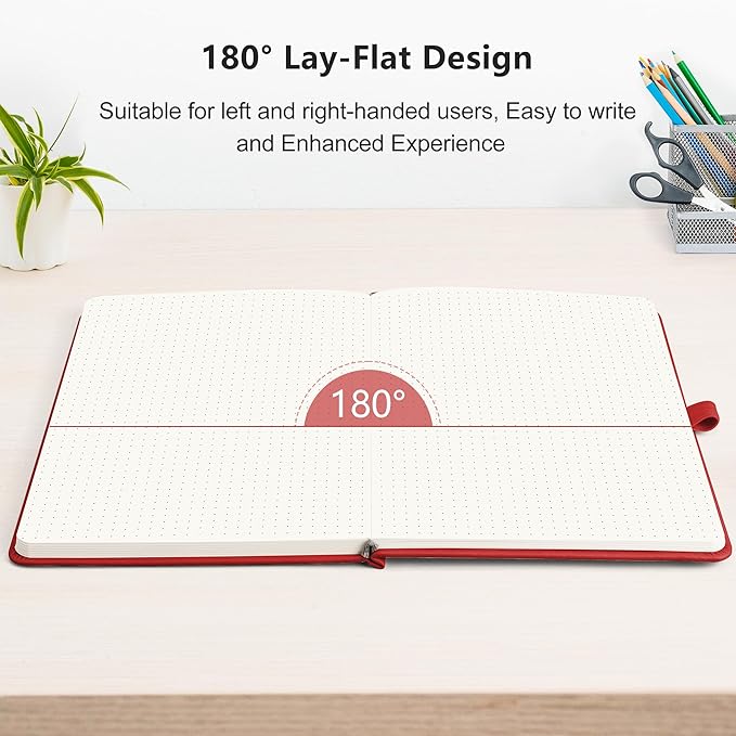 RETTACY Bullet Dotted Journal Notebook, 256 Pages, A5 Medium Size (5.7'' × 8.3''), Leather Hardcover, 120 GSM Thick Paper, for Bullet Journaling, Planning, Tracking (Red)