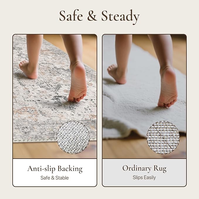 GENIMO Runner Rug 2PCs, Machine Washable Non Slip Vintage Hallway Runner Rug 17.3"x59"+17.3"x30", Low Pile Lightweight Rugs for Indoor Entryway, Hallway, Kitchen and Corridor, Light Taupe Brown