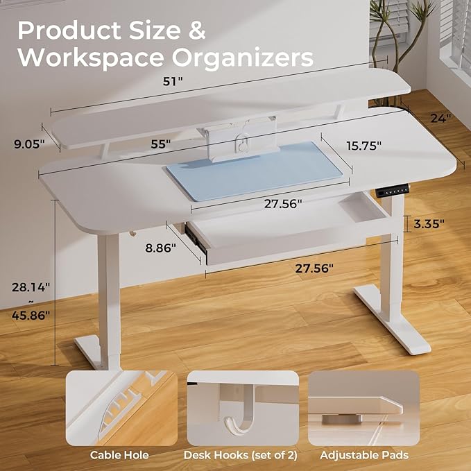 COMHOMA Electric Standing Desk with Drawers, 55 x 24 Inch Sit Stand up Desk with Monitor Stand, Laptop Stand, Height Adjustable Ergonomic Home Office Computer Desks with Memory Preset Controller