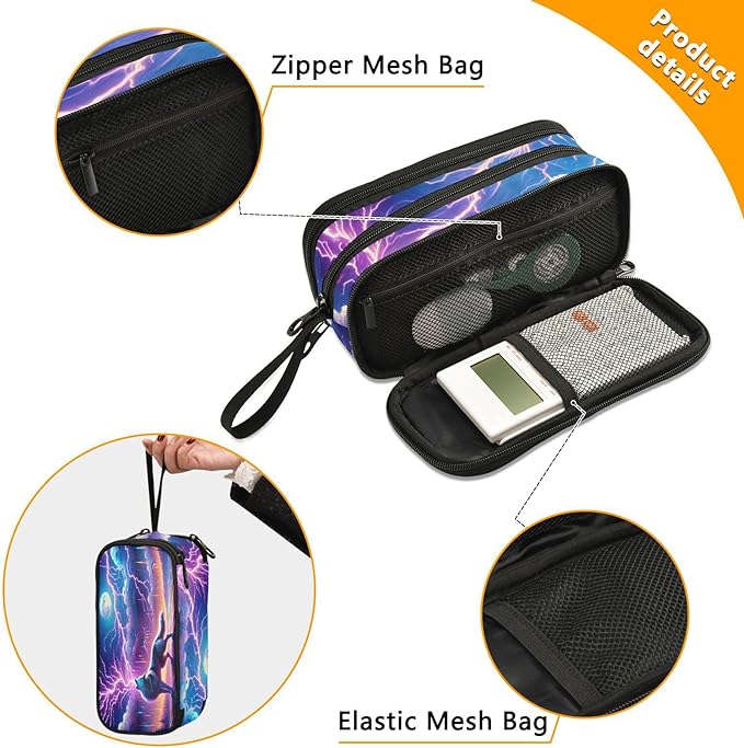Wolf Howling Moon Lightning Pencil Case Box Boys Girls Large Pencil Pouch with Zipper Compartments Big Capacity Stationery Pen Bag Organizer for Kids Teens Adults School