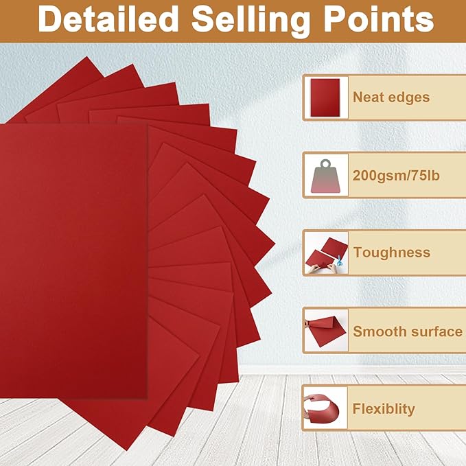 Silunkia 100 Sheets Christmas Red Cardstock 8.5 x 11 Scrapbooking Paper, 200gsm/75lb Premium Dark Red Paper Card Stock for DIY Cards Making, School Crafting, Party Decors, Wedding Invitations