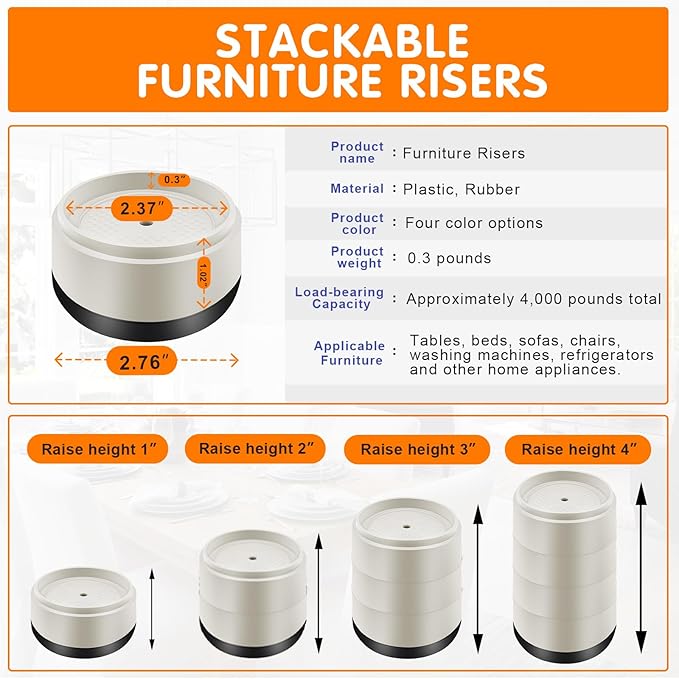 Furniture Risers Bed Risers Heavy Duty 1 inch, 2 inch, 3 inch, 4 inch Round Adjustable Bed Lifts Riser for Desk Legs Table Couch Sofa Chair Refrigerator Washing Machine (1 Inch, White, 8 Pack )