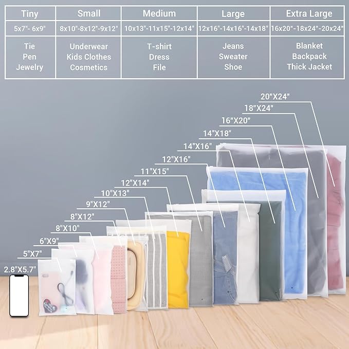 Svaldo Frosted Poly Plastic Bags - 200 Pack 14x16" Storage Clothes Zipper Packaging Bags, 3 Mil Clear Thick Ziplock for T-Shirts, Garment Packaging, Shipping, Mailing, Travel, Closet Organizer