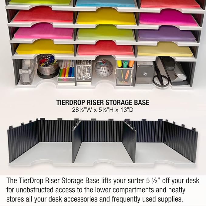 Desktop Organizer 12 Letter Tray Sorter Plus Riser Storage Base & 3 Supply Drawers - Ultimate Office TierDrop Desktop Organizer Stores All of Your Documents & Supplies in One Compact Modular System