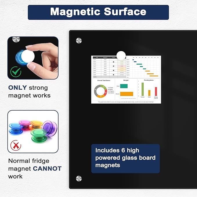 Black Dry Erase Board, 6' x 4' Magnetic Glass Whiteboard for Wall,72" x 48" Large Black Glass Magnetic Board with 1 Marker Tray and 10 Magnets for Office, Home, Classroom
