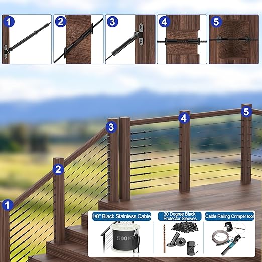 BLIKA 150 Pack Black Stainless Steel Protector Sleeves for 1/8" Deck Cable Railing, for Wood/Composite Posts, T316 Marine Grade, Black Cable Railing Protector Sleeves