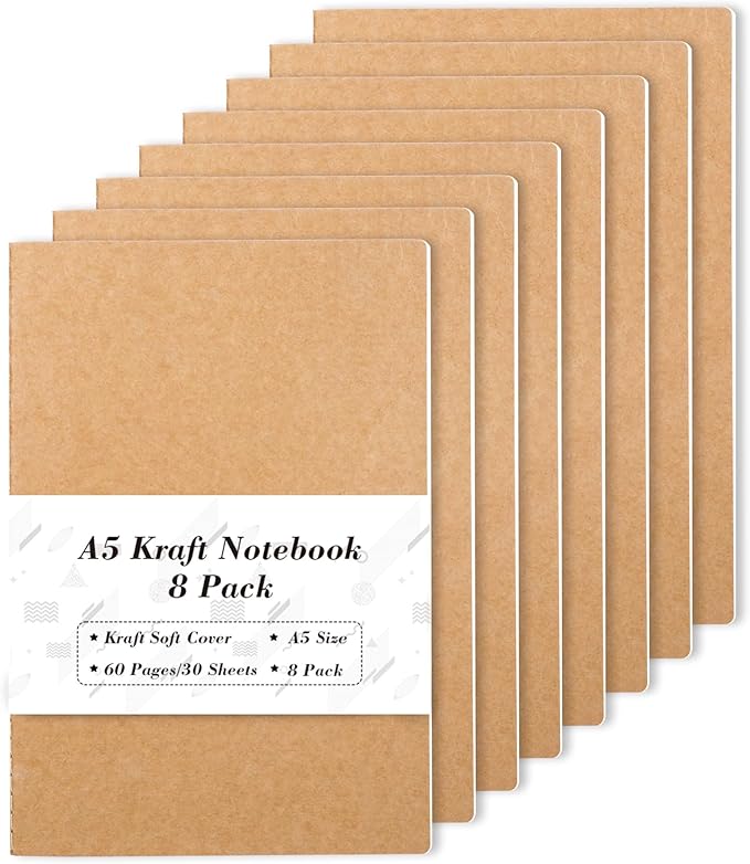 feela 8 Pack A5 Kraft Notebooks, 60 Lined Blank Pages Travel Journal Bulk, Soft Cover Notebooks for Women Girls Students, Making Plans Writing Memos Office School Supplies, 8.3 X 5.5 in