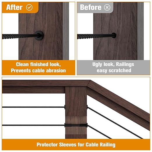 CELYND Cable Railing Protector Sleeves - 120 Pack T316 Stainless Steel Protective Sleeves - 1/8" 3/16" 5/32" Black Deck Cable Railing Hardware Kit for Wood Posts