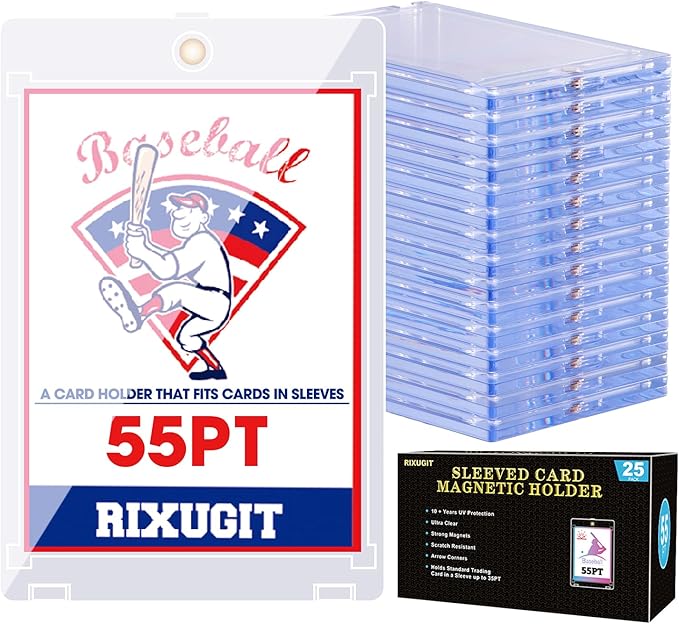 25-Pack Sleeved Magnetic Card Holders - 55pt One Touch Card Case, with 2.63"x3.7" Larger Inner Dimension, First Insert Card into Soft Card Sleeve, Then Place into Card Holder for Double Protection