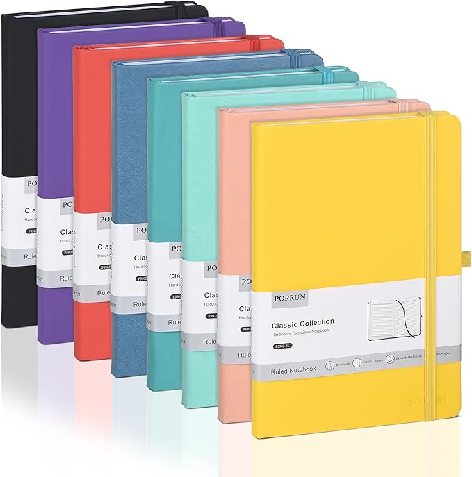 POPRUN A5 Lined Journal Notebooks, 8 Pack Leather Hardcover Thick Notebook for Writing, Business Work, Travel, School, College, 5.5 x 8.3 inch, 240 Pages Classic Ruled Journals Notepad, Multicolored